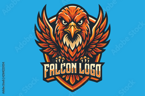 Falcon Logo Design Featuring a Fierce Bird Head Illustration with Stylized Wings and a Shield Shape. Dynamic Mascot Emblem for Sports Teams or