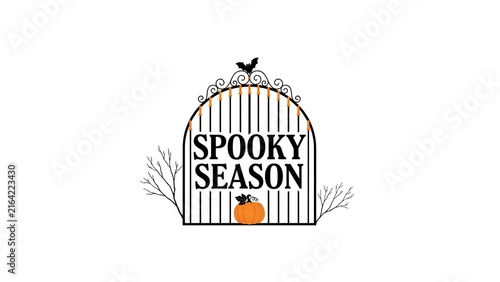 Hand lettered spooky season design with pumpkin and raven in birdcage