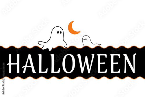 Halloween illustration with ghosts crescent moon and decorative black banner