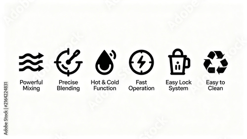 Black minimalist cooking machine function icon group, representing dual use of hot and cold, fast operation, suitable for kitchen appliance advertising and cross-border platform detail pages.
