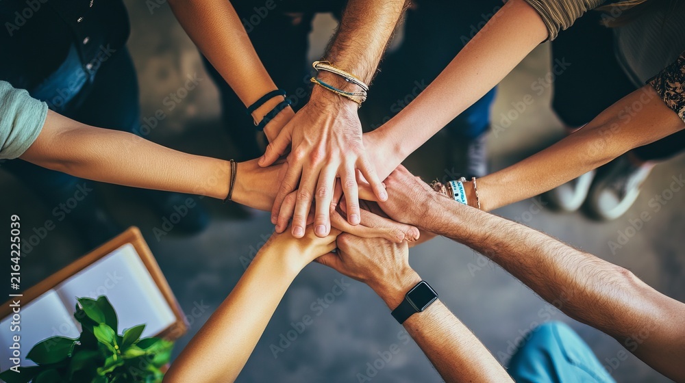 Obraz premium Diverse group of young people placing hands together in a circle to show unity, cooperation, support, friendship, and teamwork