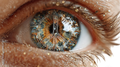 futuristic human eye with digital circuit technology and smart city reflection representing artificial intelligence vision innovation and connectivity 