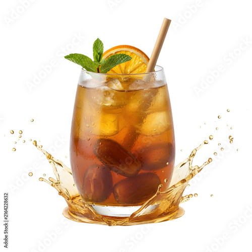 Refreshing iced tea with dates orange slice and mint garnish with splash isolated on white