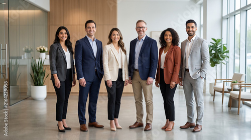 Happy business team standing together in modern office. Group of diverse professional colleagues smiling. Successful corporate staff in bright workplace. Team portrait banner copy space