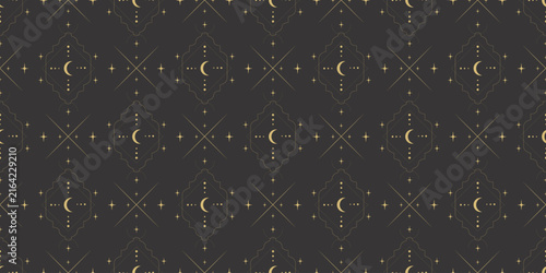 Magic, tarot, occultism seamless pattern. Black background with gold symbols and signs. Themed celestial print for textiles, paper, packaging, and design. Vector graphic