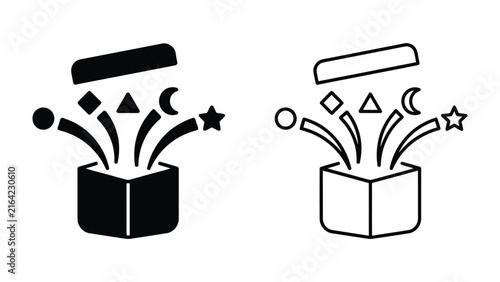 Surprise Box Icons: A set of graphic icons representing a box with abstract shapes exploding outwards, symbolizing surprise, celebration, or creative ideas.