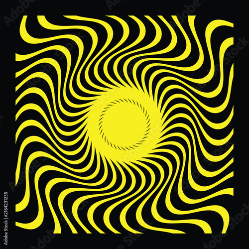 Abstract yellow swirl vortex pattern on black background with psychedelic spiral