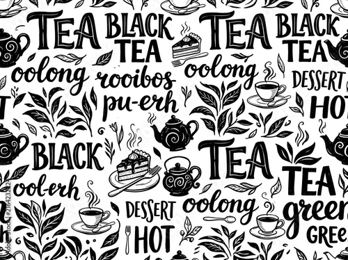 Black and white teathemed pattern with teapots and leaves funny animal emoji