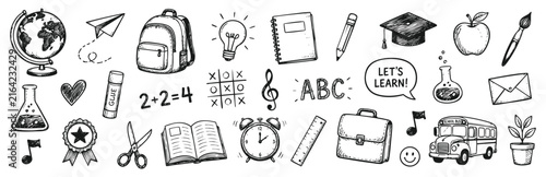 Set of hand drawn school supplies and education icons isolated on white background