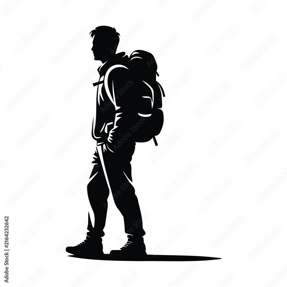 Fototapeta premium Black silhouette of a male traveler with backpack walking and exploring.