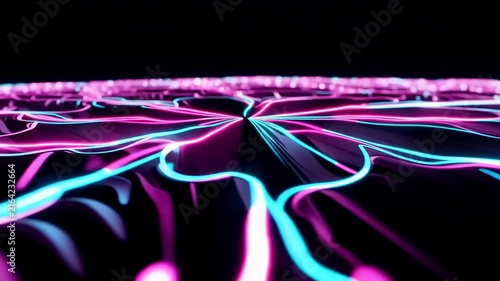 Colorful neon light patterns in a symmetrical design, showcasing vibrant pink and blue lines flowing across a dark surface in a mesmerizing visual display