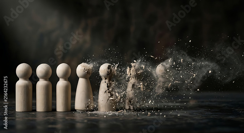 A sequence of small wooden human figures slowly falling apart moving from left to right illustrating change and feelings of vulnerability