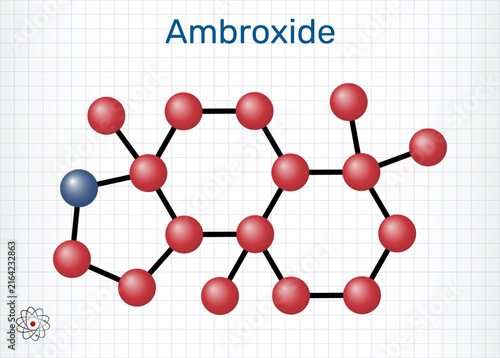 Ambroxide diterpenoid molecule. Mucolytic and expectorant agent for respiratory tract support and mucus clearance. Sheet of paper in a cage. Molecular model