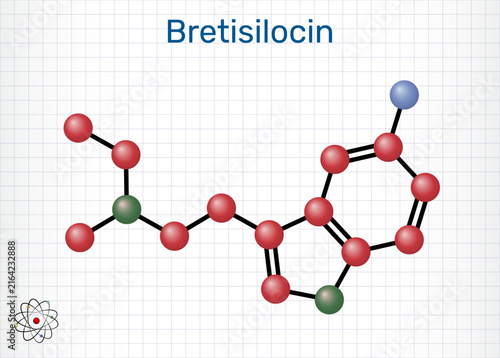 Bretisilocin molecule. Serotonergic psychedelic of the tryptamine family under development for major depressive disorder treatment. Sheet of paper in a cage. Molecular model