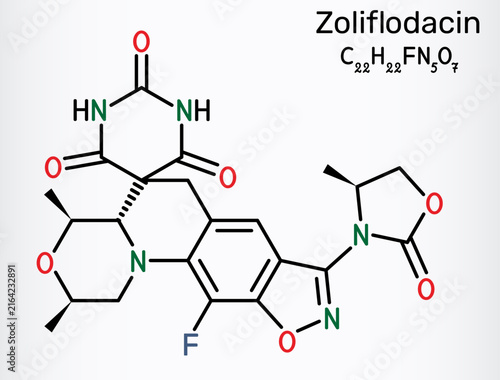Zoliflodacin molecule. Fluoroquinolone-like antibacterial agent for treatment of bacterial infections, veterinary and human use. Skeletal chemical formula