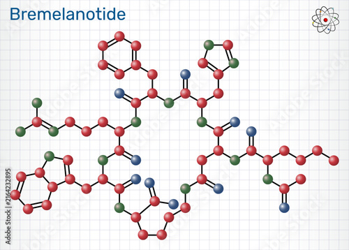 Bremelanotide molecule. Melanocortin receptor agonist for hypoactive sexual desire disorder (HSDD) treatment. Sheet of paper in a cage. Molecular model