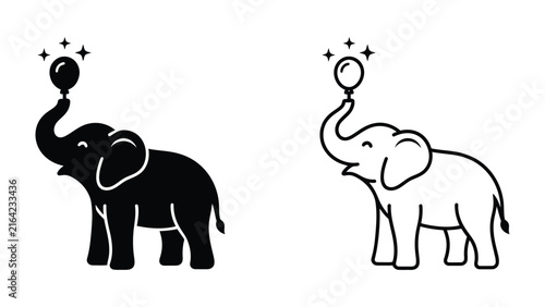 Photography Playful Elephant Balancing Balloon: A charming illustration of an elephant, both in silhouette and outline, expertly balances a shiny balloon atop its trunk, radiating a sense of fun and wonder