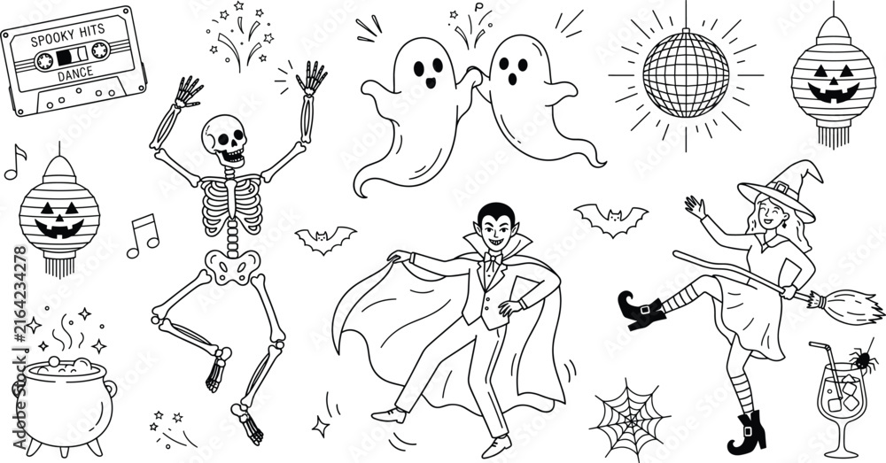 Fototapeta premium Halloween Dance Party Vector Icon Set Featuring Skeleton Vampire Witch Ghosts And Discoball