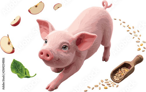 Playful Piglet Illustration Featuring Jumping Pig, Scattered Grain, Apple Pieces and Farm Animal Vector Design