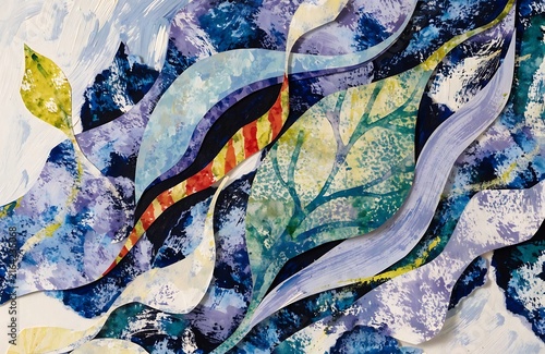 abstract blue and green watercolor mixed media texture background with flowing leaf shapes and batik fabric patterns