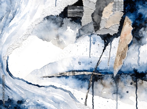 Abstract dark blue watercolor mixed media texture background with torn paper collage and dramatic ink dripping effects