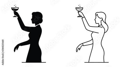 Obraz na plátne Woman's Toast: A stylized illustration depicting two women, one in silhouette and the other in outline, holding champagne glasses aloft in a celebratory toast