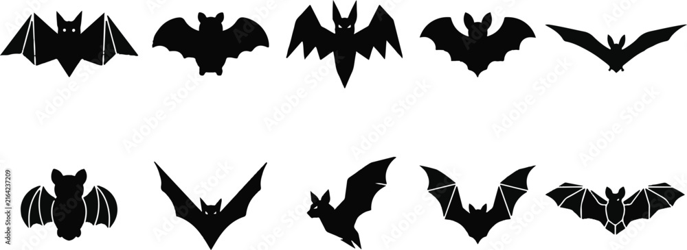 Fototapeta premium Halloween Bat Silhouette Set, Flying Black Bats in Different Shapes and Poses