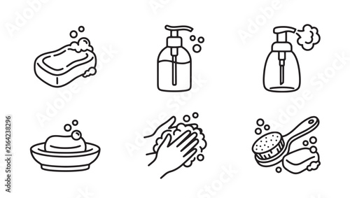 Set of hand washing and hygiene soap icons in outline illustration style with dispenser illustration monochrome sanitary sanitize protection prevention bathroom cosmetic collection accessory