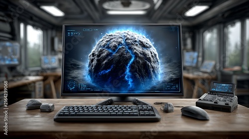 Computer monitor displaying a glowing digital brain concept on a wooden desk in a modern control room