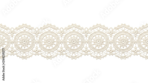 Horizontal white crochet lace trim with floral motifs on a transparent background