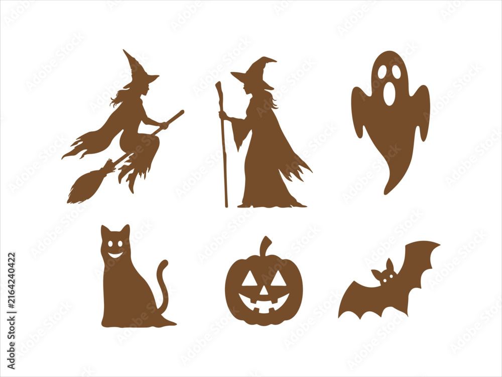 Fototapeta premium Halloween silhouette icons set with witch ghost cat pumpkin and bat flat vector isolated illustration design