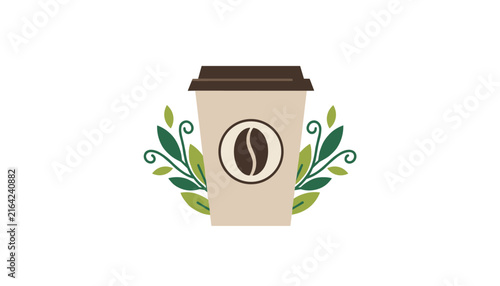 Coffee cup logo design featuring a coffee bean icon surrounded by stylized green leaves, representing natural and fresh coffee energy.
