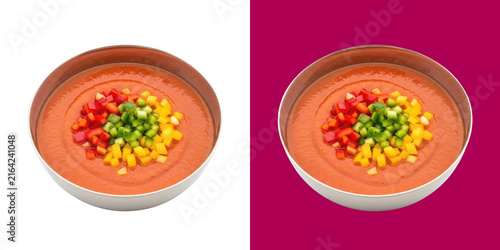 Fresh Tomato Gazpacho Soup Topped With Colorful Chopped Bell Peppers In Bowl transparent png
