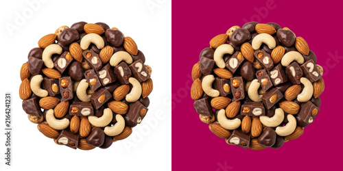 Healthy mix of assorted crunchy nuts and chocolate pieces on round shape transparent png