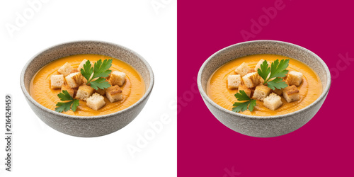 Fresh pumpkin soup in a ceramic bowl with crunchy croutons and green parsley transparent png