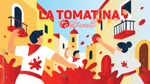 La Tomatina festival street scene with people throwing tomatoes, colorful flat vector illustration