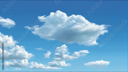 Fluffy white cumulus clouds drifting slowly across a bright blue summer sky.