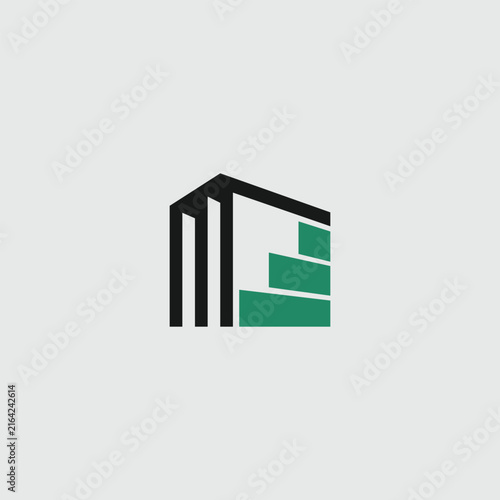 Minimal geometric building logo combining black structural lines with a green architectural facade. The abstract symbol represents modern construction, architecture, property development, engineering