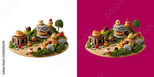 Miniature food landscape scene made of delicious pastries and fresh fruits transparent png