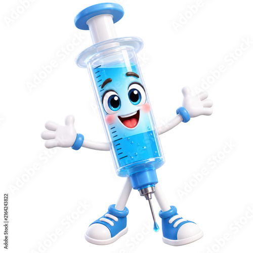 3d medical syringe character with blue liquid smiling and waving isolated transparent background conveys playful healthcare education and friendly injection concept for children and clinic