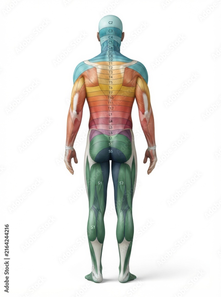 Naklejka premium This artwork displays the nerve plexuses and dermatomes linked to spinal nerves on a human figure from the back.