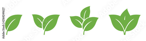 Green leaf icon set for eco logo, minimal nature plant leaves collection with single two three and four fresh organic leaves vector