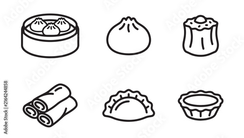 Traditional asian dumplings and dim sum delicious food vector line icons set with dumpling restaurant traditional delicious collection appetizer