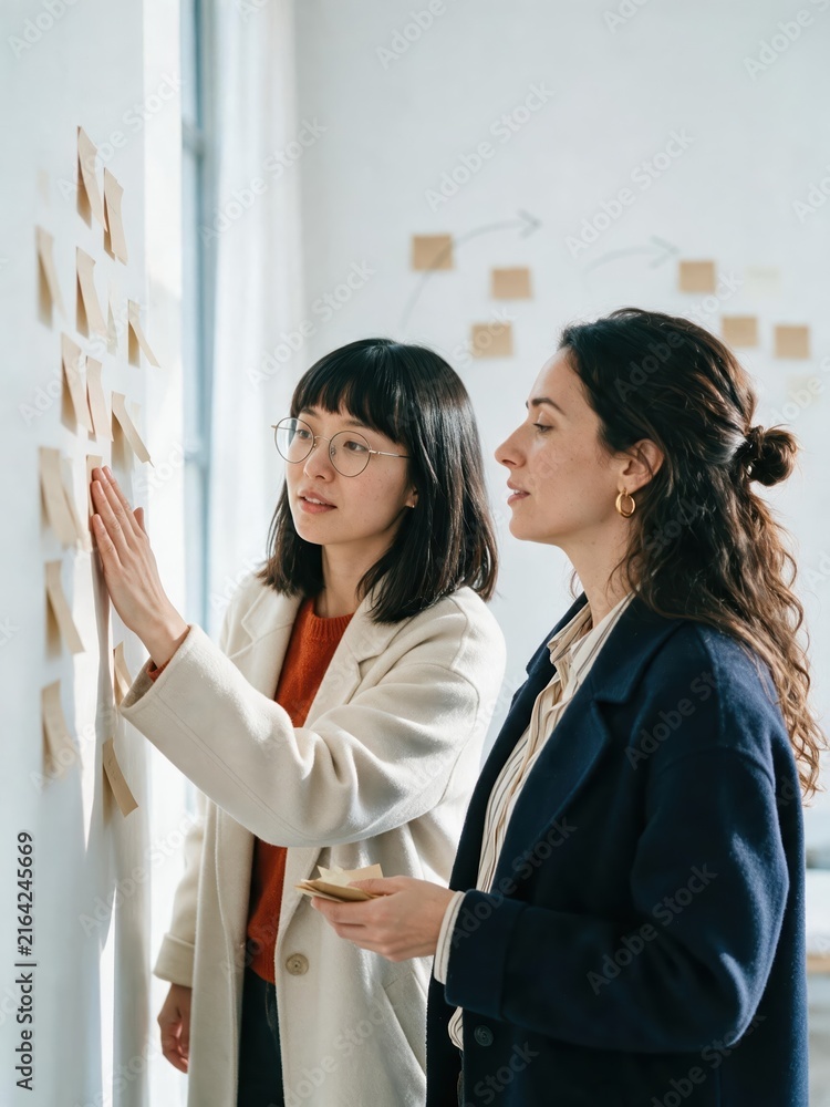 Obraz premium Generative AI, Two women arranging sticky notes on a wall during a brainstorming session