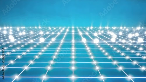 Abstract digital landscape with glowing grid and luminous orbs transitioning from purple to blue tones, creating a vibrant visual experience across three frames