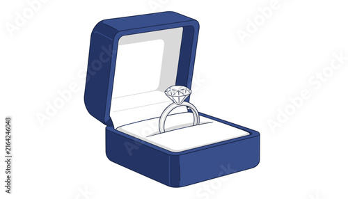 Brilliant diamond engagement ring resting inside an open blue velvet jewelry gift box on a white background.