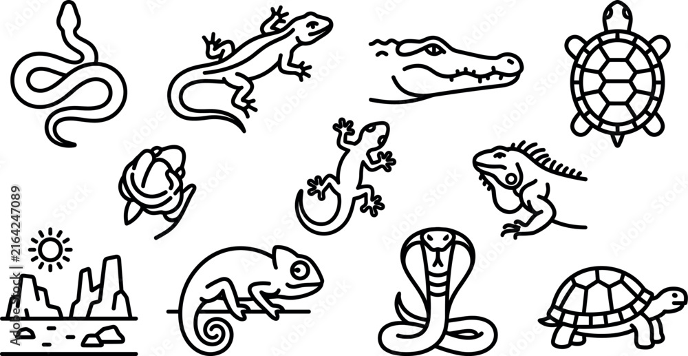 Obraz premium Wild reptiles and amphibians line icon set featuring snake lizard alligator turtle chameleon cobra gecko and iguana elements for wildlife education branding illustration