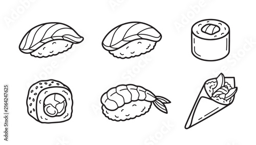 Japanese sushi and rolls line art icons set showing nigiri maki and temaki with japanese delicious restaurant oriental traditional handroll ingredient