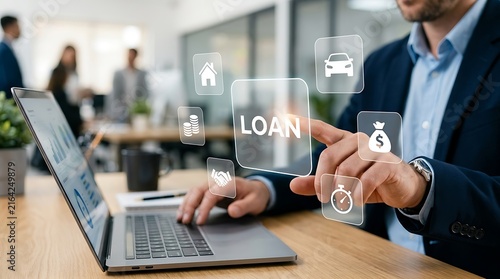 Businessman using digital loan interface on laptop for financial planning and credit approval