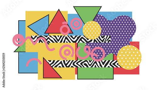 Retro memphis style abstract background composition featuring colorful geometric shapes, zebra stripes, and playful wavy lines.